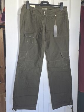 Cargo Trousers in Olive Green With Adjustable Inseam Tie